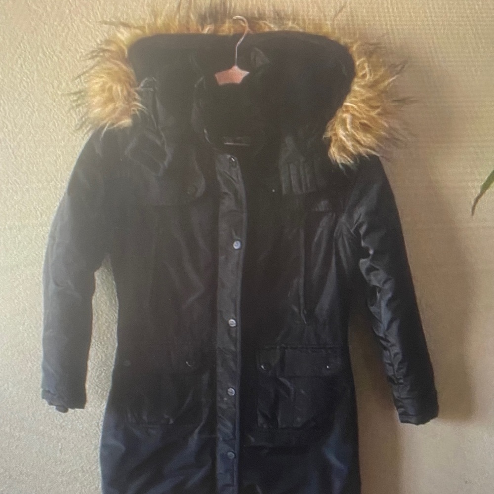 Black Parka Coat with Faux Fur Trim Hood